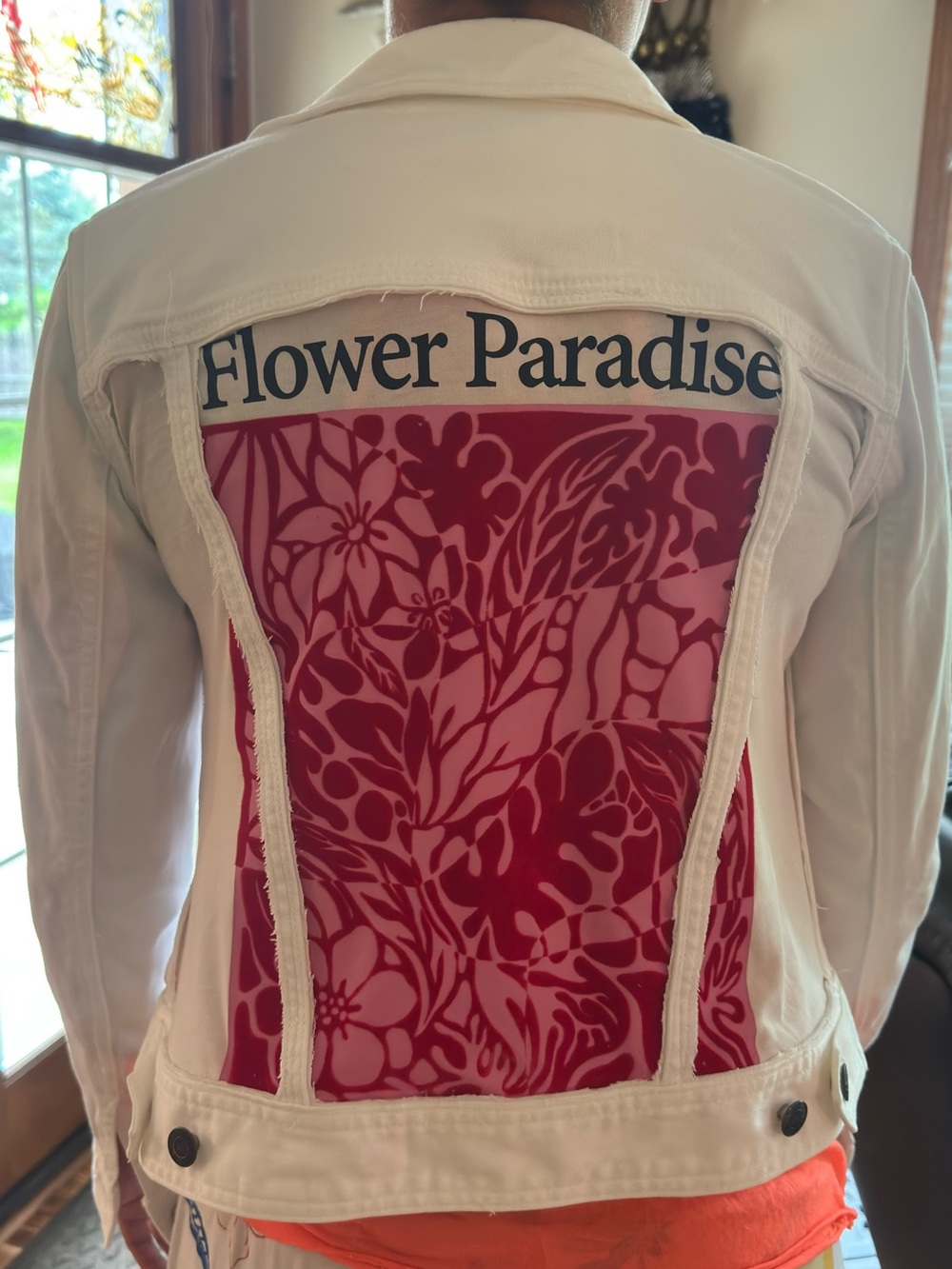 Upcycled Talbots White Denim Jacket with Pink Floral Back Panel